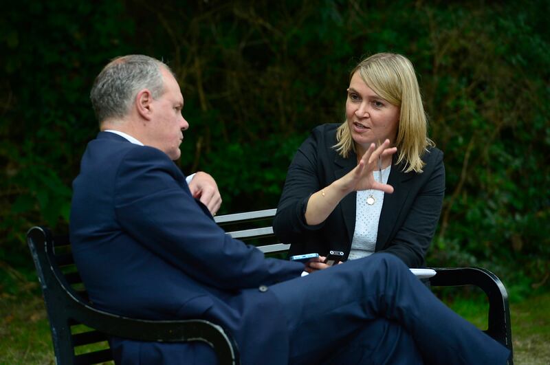 Conor Burns is interviewed by Freya McClements, Northern Editor of The Irish Times, in the Waterworks park in North Belfast. Photograph: Arthur Allison/Pacemaker Press 