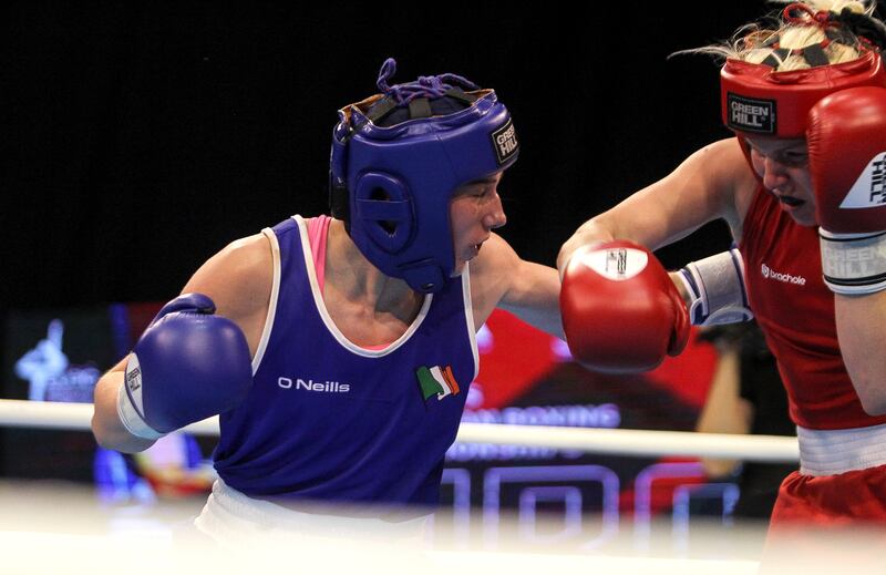 Aoife O’Rourke (left) with Elzbieta Wojcik of Poland in the middleweight 75kg final at the Women's European Boxing Championships. Photograph: INPHO/Aleksandar Djorovic