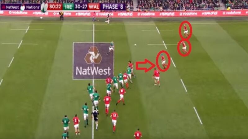 If Anscombe moves to ball to Justin Tipuric, he has Aaron Shingler and Liam Williams outside him, and Wales have a three on one.