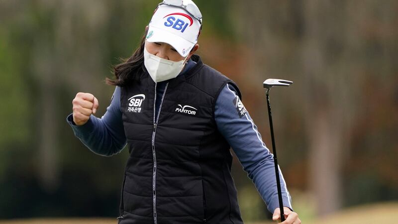 A Lim Kim reacts after making a birdie on the 18th in Houston. Photograph: Eric Gay/AP