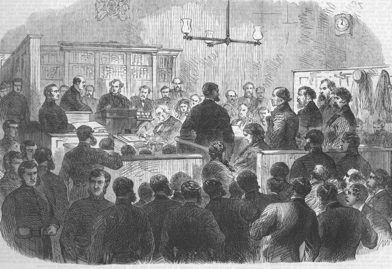 Five Fenian prisoners accused of murder, in the dock of Bow Street Police Court on December 30th, 1867. They blew down a wall of the Clerkenwell House of Detention, London, on December, 13th, 1867. Photograph: The Illustrated London News / Getty