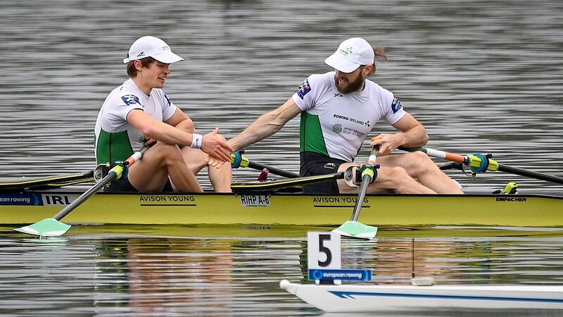 Ireland’s Fintan McCarthy and Paul O’Donovan celebrate after winning the Lightweight Men’s Double A final at the 2021 European Rowing Championships in  Varese, Italy in April. Photograph: Detlev Seyb/Inpho