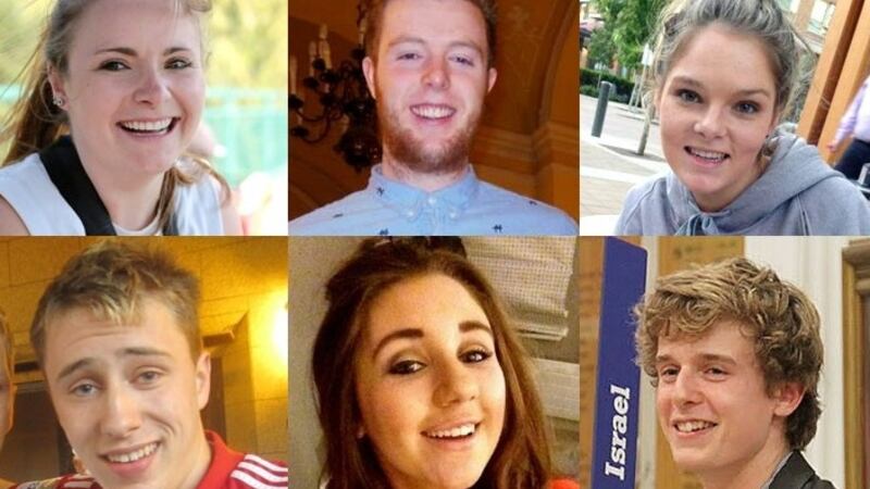 The students who were killed when the balcony collapsed at the Library Gardens Apartments, in Berkeley, California (Top left to right) Ashley Donohoe, Eoghan Culligan, Olivia Burke, (Bottom left to right) Nick Schuster, Eimear Walsh, and Lorcan Miller