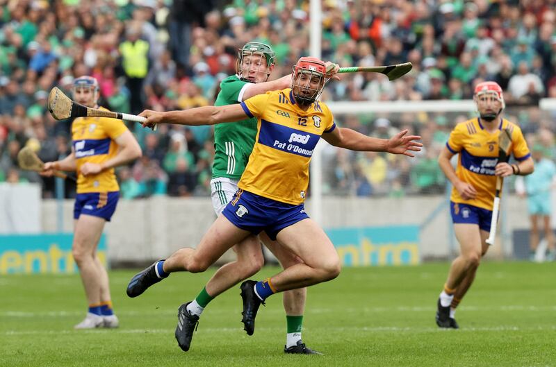 Clare's Peter Duggan (12) is one of the main men on puck-outs. Photograph: Bryan Keane/Inpho