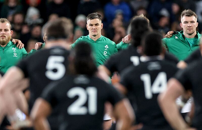 Ireland's Finlay Bealham, Johnny Sexton and Peter O'Mahony during the New Zealand Haka. Photograph: Billy Stickland/Inpho