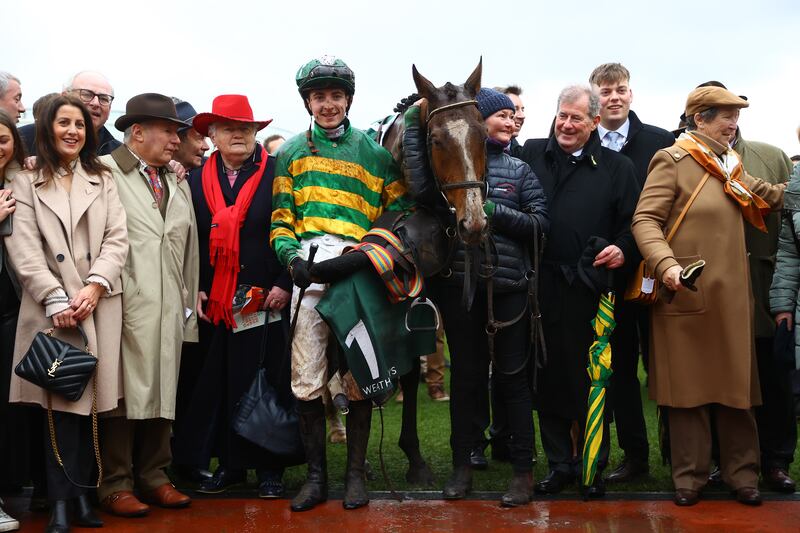 Owner JP McManus and jockey John Gleeson alongside A Dream to Share celebrate winning the Champion Bumper during day two of the Cheltenham Festival. Photograph: Michael Steele/Getty