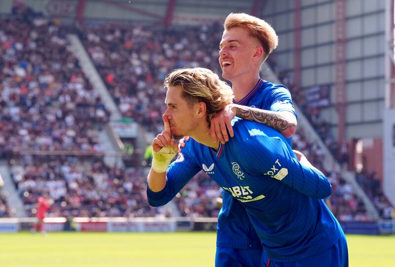 Rangers' Todd Cantwell celebrates scoring his side's second goal against Hearts. Photograph: Jane Barlow/PA Wire