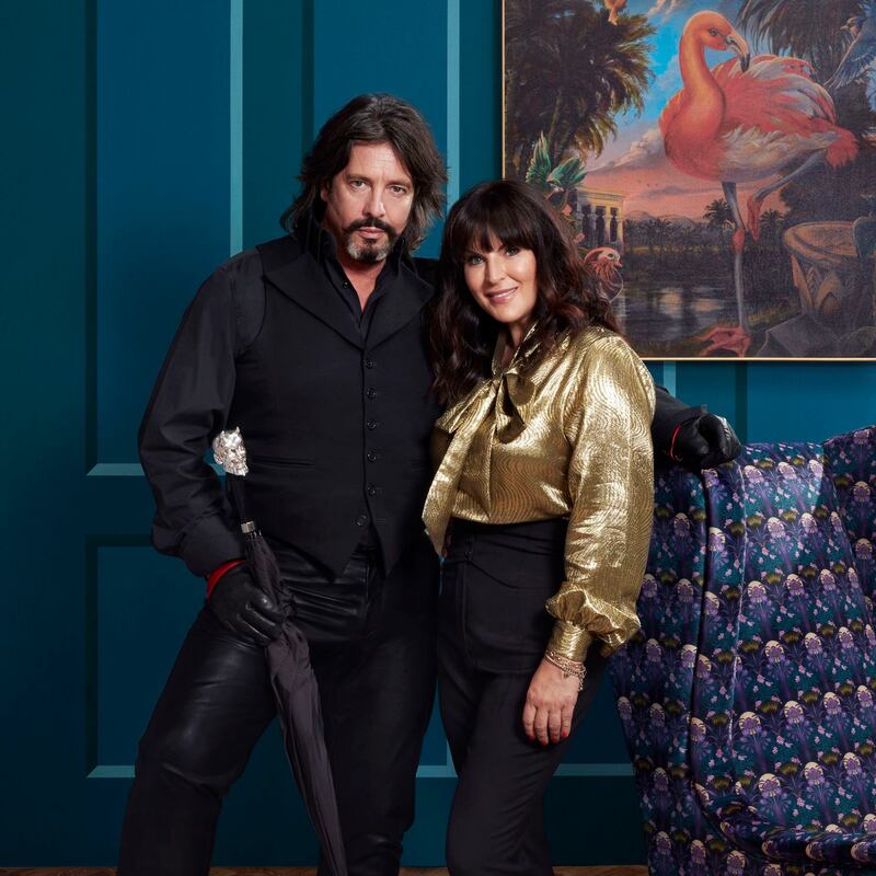 Changing Rooms 2.0: Laurence Llewelyn-Bowen and presenter Anna Richardson stand on his designed set. New series begins August 18th 2021. Photograph: Channel 4