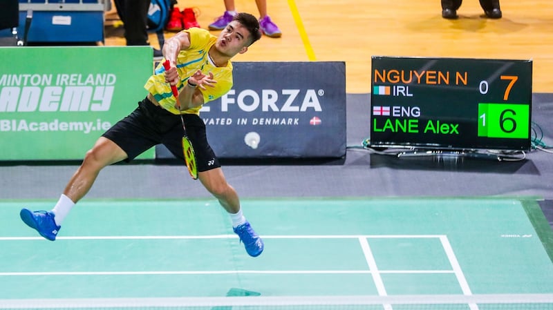 Nhat Nguyen in action during the 2019 Irish Badminton Open at the  National Indoor Arena in Dublin. Photograph: Oisín Keniry/Inpho