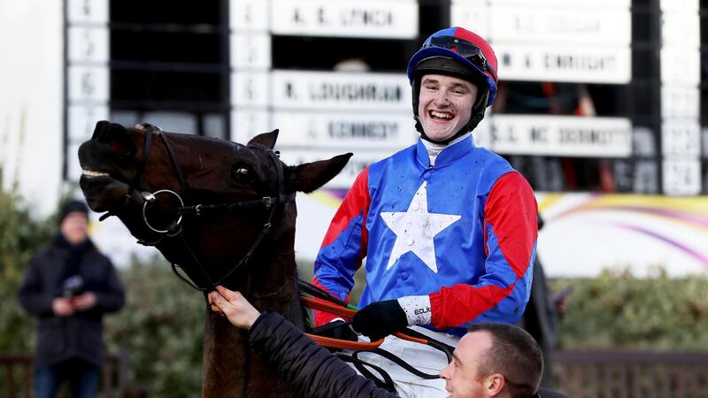 Daniel Holden onboard rank outsider Ellie Mac celebrates victory in the Horse and Jockey Hotel Maiden Hurdle at Leopardstown on St Stephen’s Day last year. Photograph: Tommy Dickson/Inpho