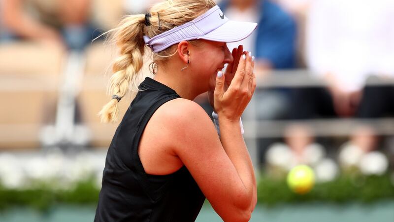 Russia’s  Anastasia Potapova celebrates victory over Germany’s Angelique Kerber at the French Open. Photograph:   Clive Brunskill/Getty Images