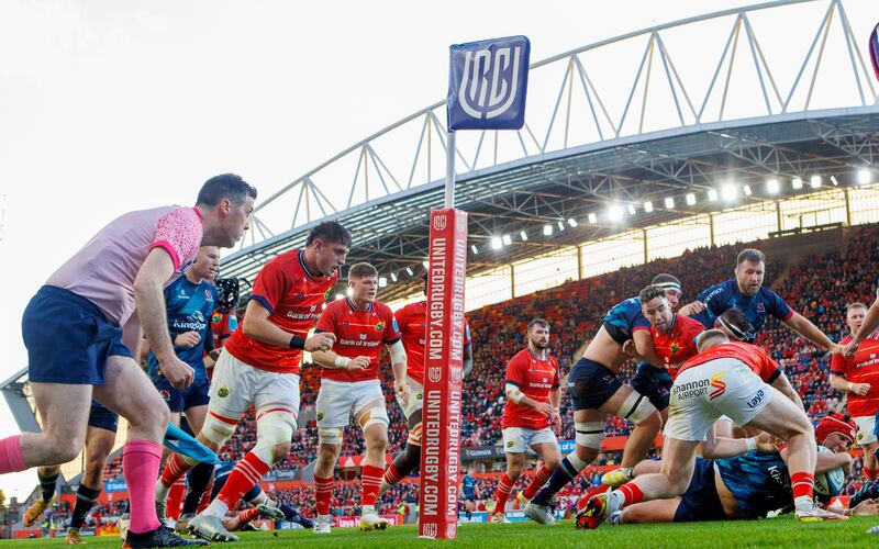 Ulster’s Tom Stewart scores his sides second try against Munster at Thomond Park. Photograph: James Crombie/Inpho 