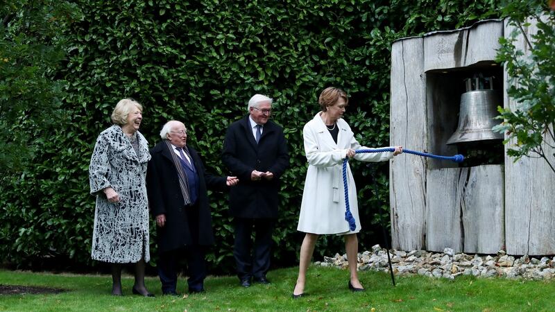 Elke Büdenbender rings the Peace Bell at Áras an Uachtaráin. Photograph: Maxwells