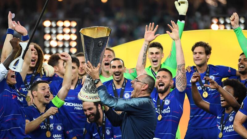 Maurizio Sarri and Chelsea celebrate their Europa League success. Photograph: Michael Regan/Getty