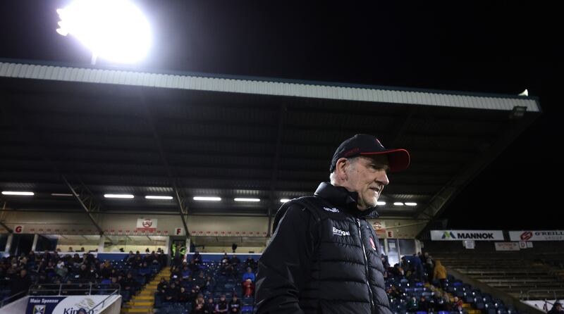Derry manager Mickey Harte takes to the field. Photograph: James Crombie/Inpho

