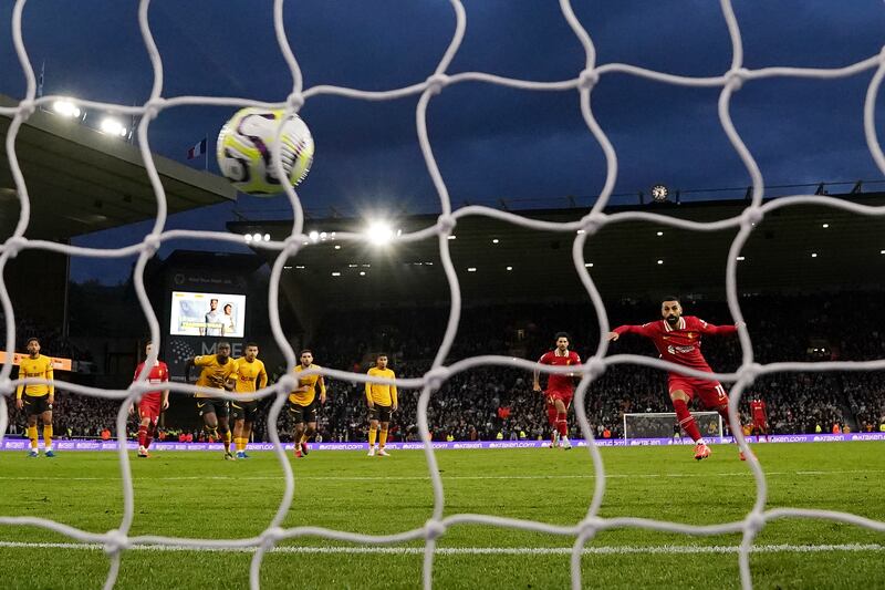 Liverpool's Mohamed Salah scores his side's second goal from a penalty against Wolves. Photograph: Nick Potts/PA Wire
