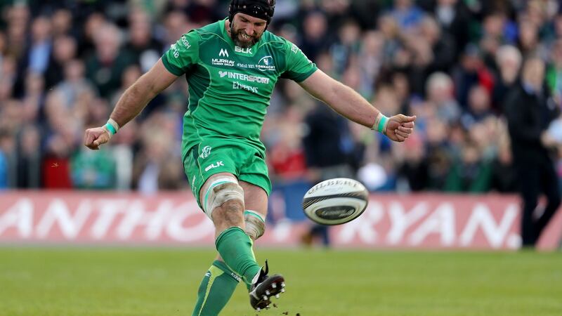 Connacht’s John Muldoon kicks a conversion during his team’s match against Leinster, at the Sportsground. Photograph: ©INPHO/Dan Sheridan