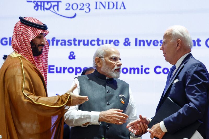 Saudi Arabia's crown prince and prime minister Mohammed bin Salman, India's Pm Narendra Modi and US president Joe Biden attend a session as part of the G20 Leaders' Summit at the Bharat Mandapam in New Delhi on September 9th, 2023. Photograph: 
Evelyn Hockstein/Getty Images
