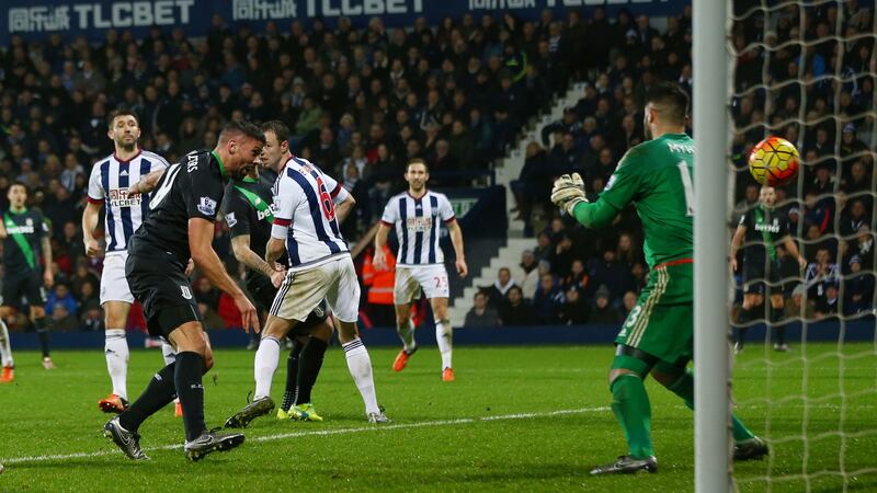 Jonathan Walters of Stoke City scores his team’s first goal past Boaz Myhill of West Bromwich Albion. Photo: Michael Steele/Getty Images