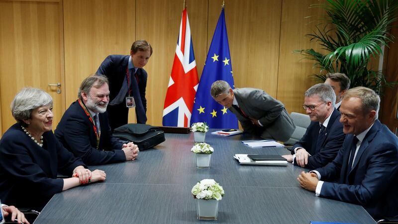 Brexit talks: British PM Theresa May and European Council president Donald Tusk take part in a bilateral meeting in Brussels on Thursday. Photograph: François Lenoir/AFP/Getty