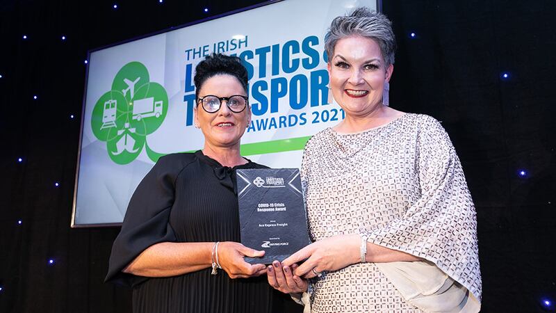 Christine OReilly, General Manager at Driving Force Ireland (Recruitment & Training), presents the COVID-19 Crisis Response Award to Clionadh Lynders, Ace Express Freight.