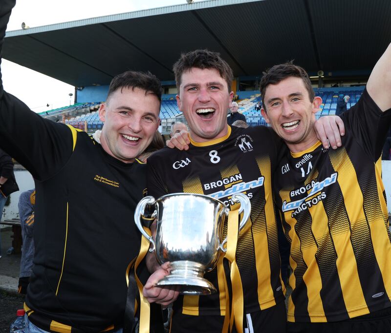Strokestown's David Butler and Colin Compton celebrate their victory in the Roscommon final. Photograph: John McVitty/Inpho