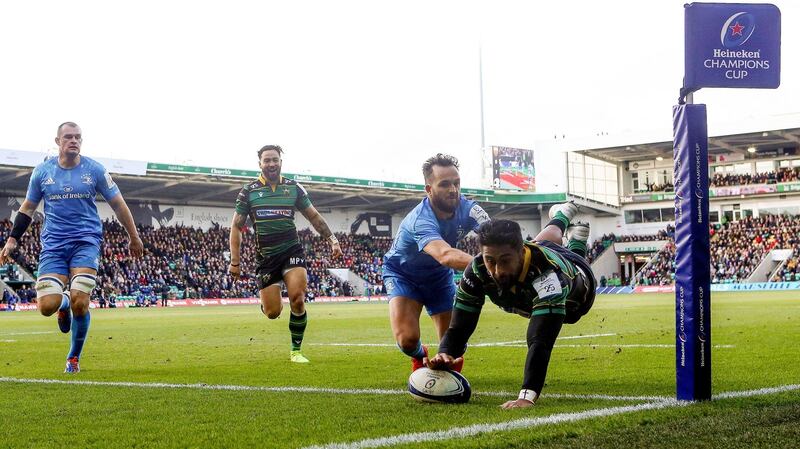 Ahsee Tuala dives to score for Northampton against Leinster. Photograph: James Crombie/Inpho
