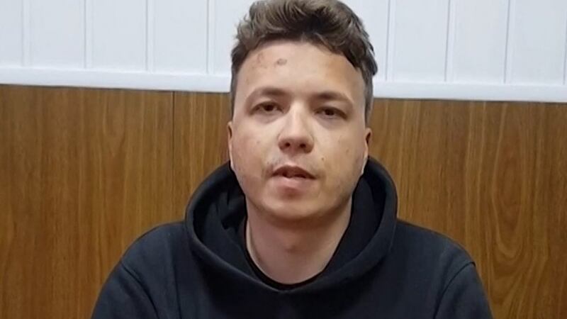 Belarusian activist Roman Protasevich (26) in detention in Minsk after his flight was  intercepted. Photograph: Telegram channel Nevolf/AFP via Getty Images