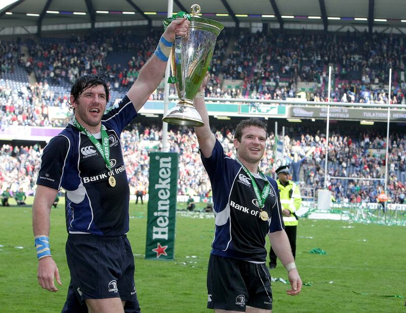 Shane Horgan and Gordon D'Arcy celebrate with the Heineken Cup after the win over Leicester at Murrayfield in 2009. Photograph: Morgan Treacy/Inpho