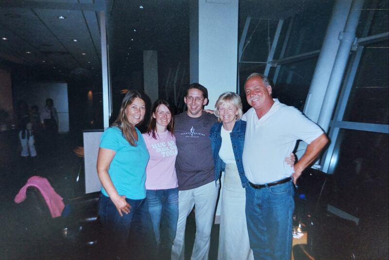 Friends Kathy McNelis, Jean Whitfield, Michael Leyden, Marie Lyons and Mark Mannion at JFK airport in the aftermath of the hurricane