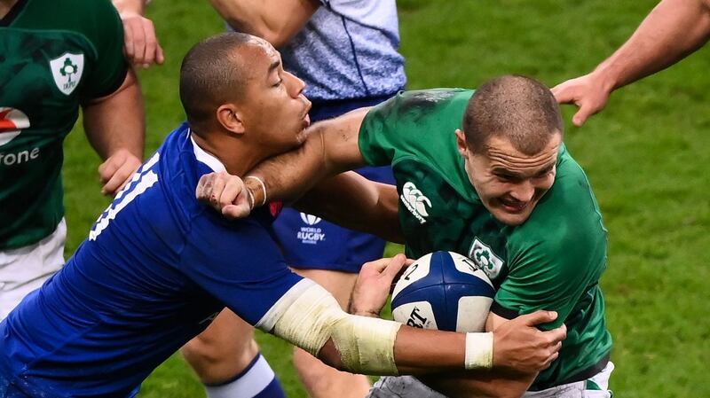 Gael Fickou tackles Ireland’s Jacob Stockdale at the Stade de France. Photograph: Franck Fife/Getty/AFP