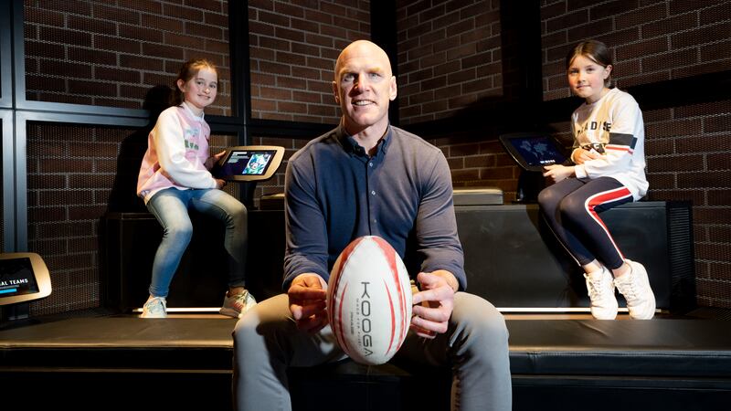 Paul O'Connell with Lucy Creagh and Anna Croffrey at the International Rugby Experience. Photograph: Don Moloney