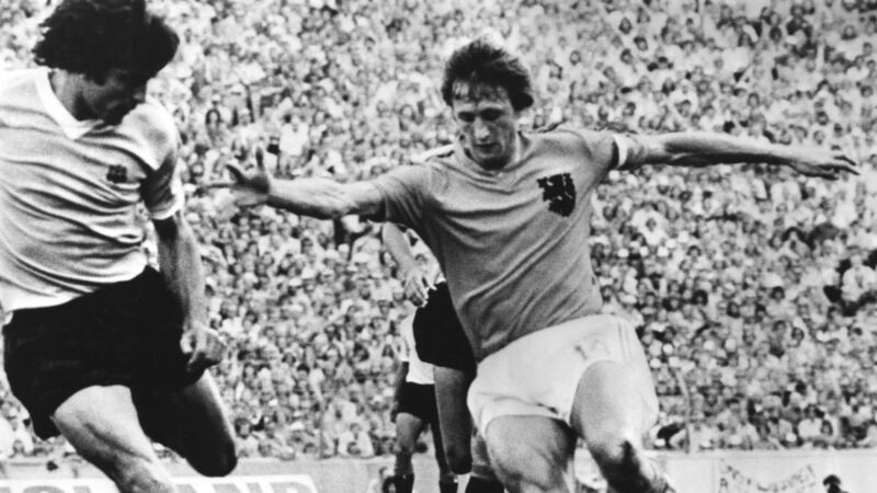 Johann Cruyff: was nutmegged  by George Best on a memorable night in Rotterdam.   Photograph:  Allsport Hulton/Archive