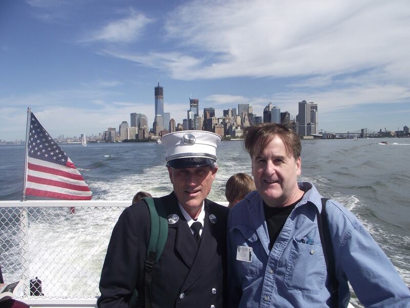 Girard ‘Gerry’ Owens in dress uniform with his pal, Irish-American broadcaster, John McDonagh, with Manhattan and the new World Trade Centre in the background.