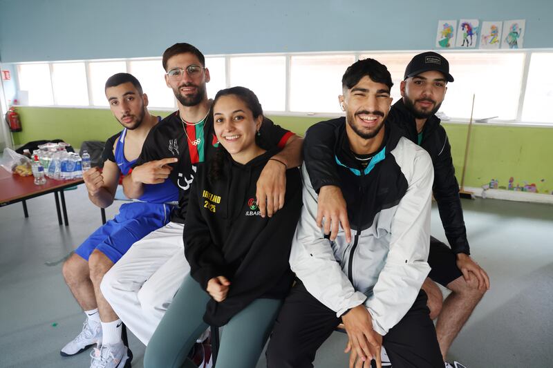  Tamer Tourjman, Nidal Foqaha, Nada Al-Khawaja, Wasem Abusal and Zaid Shkukani members of a five person Palestinian boxing squad from El Barrio Boxing Club in Ramallah.   Photo: Bryan O’Brien / The Irish Times