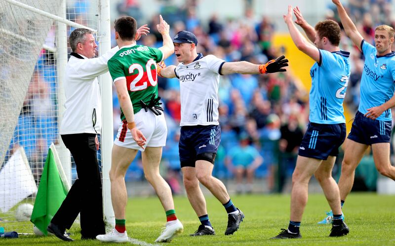Dublin goalkeeper Stephen Cluxton appeals a decision during the game against Mayo. Photograph: Ryan Byrne/Inpho