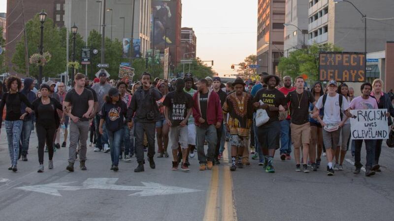 Protesters gather in Cleveland after the acquittal of Michael Brelo, who fired 49 shots at an unarmed couple. Photograph: Ricky Rhodes/Getty Images
