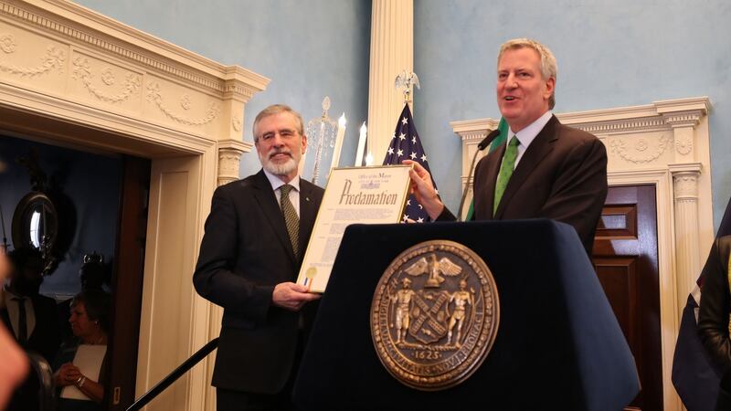 Gerry Adams with New York City mayor Bill de Blasio at a St Patrick’s Day breakfast event at Gracie Mansion in New York. Photograph: Niall Carson/PA Wire