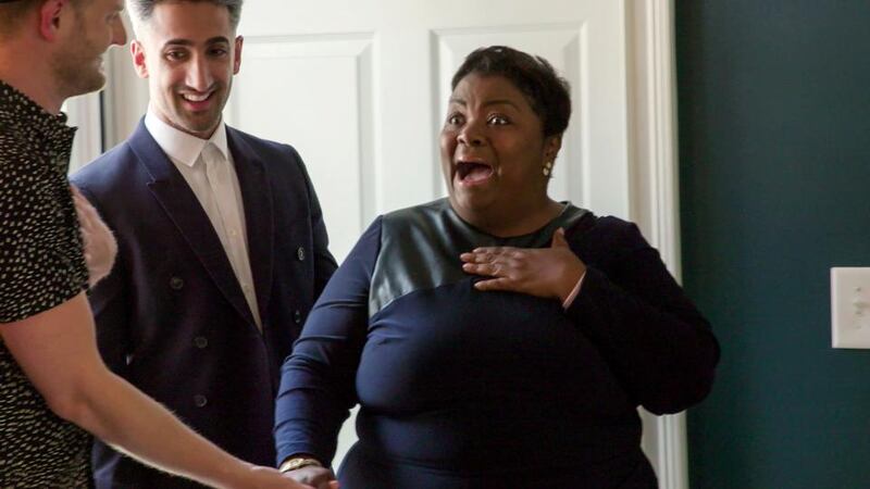 Queer Eye: Bobby Berk and Tan France surprise Tammye. Photograph courtesy of Netflix
