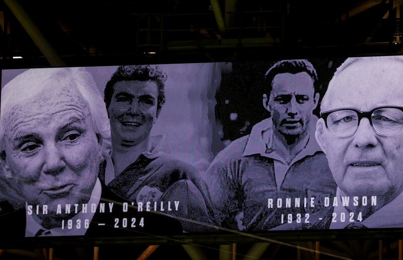 A moment's silence in memory of Sir Anthony O'Reilly and Ronnie Dawson on November 8th at the Aviva Stadium before Ireland played New Zealand in the Autumn Nations Series. Photograph: Ken Sutton/Inpho