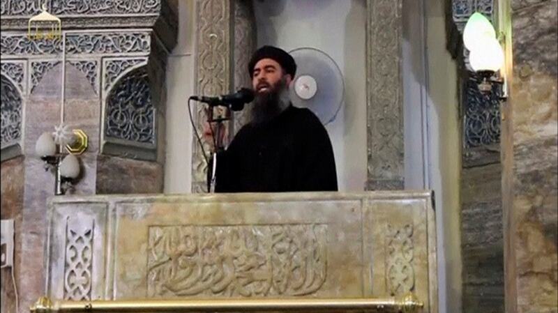July 2014: Standing in the pulpit of al-Nouri Mosque in Mosul, a triumphant, younger, leaner Baghdadi proclaimed himself ruler of a 21st century caliphate the size of Britain. Screengrab: Reuters TV