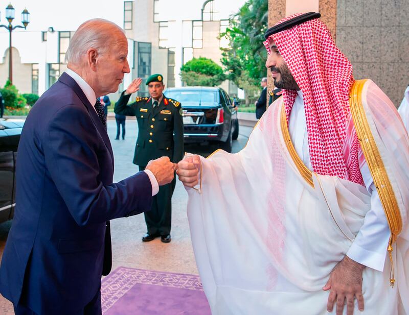US president Joe Biden greets Saudi crown prince Mohammed bin Salman with a fist bump on Friday. Photograph: Saudi Press Agency via AP