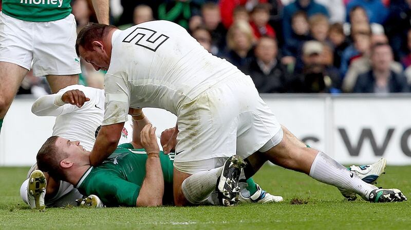 Steve Thompson gets to grip with Gordon D’Arcy in 2011. Photograph: James Crombie/Inpho