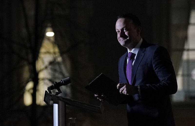 Taoiseach Leo Varadkar speaking to the media at Government Buildings in Dublin, following the announcement that a deal over the Northern Ireland protocol has been agreed. Photograph: Niall Carson/PA