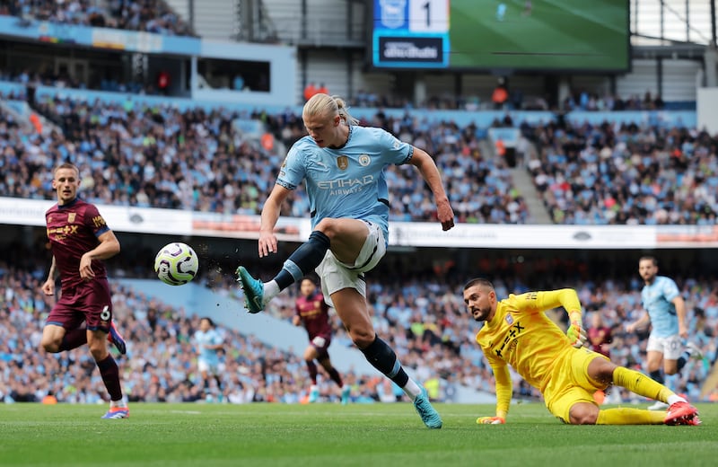 Erling Haaland of Manchester City scores against Ipswich. Photograph: Matt McNulty/Getty