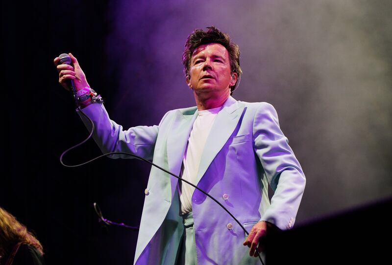 Rick Astley playing with the Blossoms on the Woodsies stage at the Glastonbury Festival at Worthy Farm in Somerset earlier this year. Photograph: Ben Birchall/PA Wire