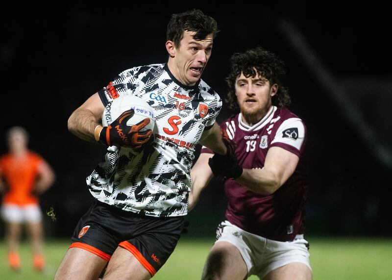 Galway's Kieran Molloy challenges Armagh goalkeeper Ethan Rafferty. Photograph: Evan Logan/Inpho  