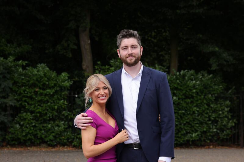 Gareth Sheridan with his wife Heidi after the briefing at the Shelbourne hotel. Photograph: Alan Betson/ The Irish Times

