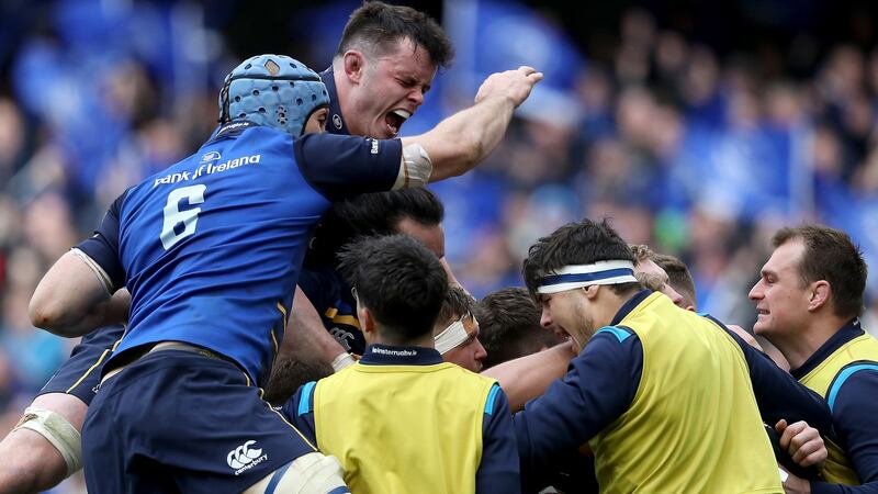 James Ryan celebrates Dan Leavy’s try against Saracens. Photograph: Tommy Dickson/Inpho