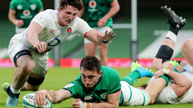 Ireland’s Jack Conan scores a try despite the attempts of Luke Cowan-Dickie and Tom Curry of England during the  2021 Six Nations at the  Aviva Stadium. Photograph: James Crombie/Inpho